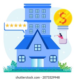 Flat style vector illustration of real estate business concept with houses, real estate market growth, residential dwellings, buying and selling houses, apartments and buildings.