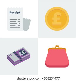 Flat Style Vector Illustration Of Receipt, Pound Coin, British Bank Note And Coin Purse