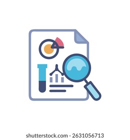 Ilustración vectorial de estilo plano de un documento de investigación con gráficas y lupa para el análisis de datos