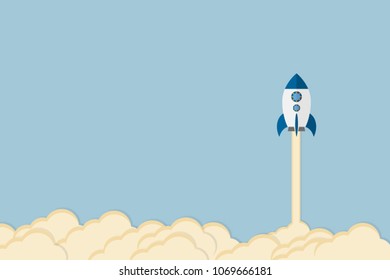 Flat style vector illustration of rocket flying above clouds, business startup banner concept.