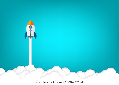 Flat style vector illustration of rocket flying above clouds, business startup banner concept.