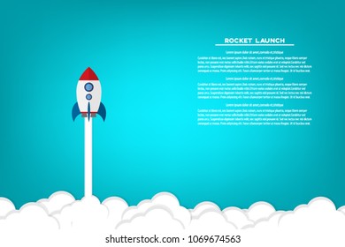Flat style vector illustration of rocket flying above clouds, business startup banner concept.