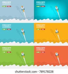  Flat style vector illustration of rocket flying above clouds, business startup banner concept. 6 color set.