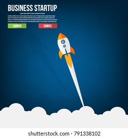 Flat style vector illustration of rocket flying above clouds, business startup banner concept. 