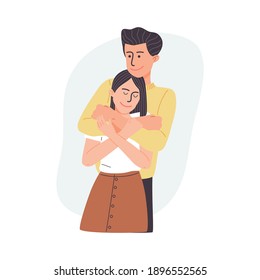 Ilustración vectorial de estilo plano de la pareja romántica de personajes de caricatura sobre fondo blanco.