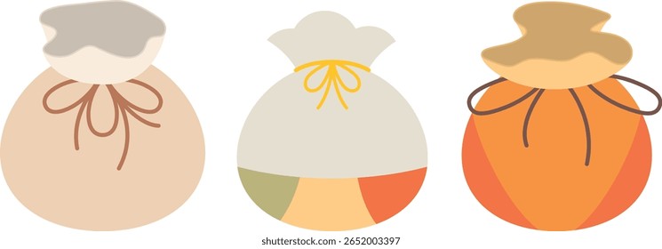 Flat Style Vector Illustration of Round Lucky Gift Pouches with Drawstring for Holiday, Event, and Celebration Packaging