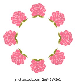 Ilustración vectorial de estilo plano de un marco redondo hecho de flores de peonía rosa, ideal para diseños elegantes, invitaciones y decoración floral sobre un fondo blanco.
