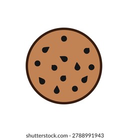 A flat style vector illustration of a round cookie with dark chocolate chips isolated on a white background