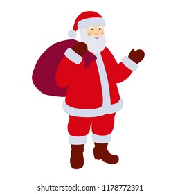 Flat style vector illustration of Santa Claus with sack of gifts. Santa Claus  color icon isolated on white background. Cute cartoon character. Christmas and New Year design element.