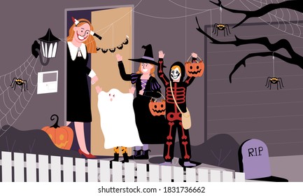 Flat style vector illustration scene of kids in spooky costume as witch, skeleton, and ghost standing in front door playing trick or treat in halloween day. October hollidays tradition celebration.