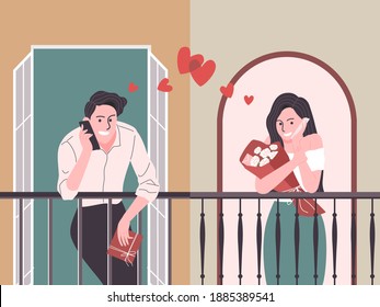 Flat style vector illustration scene of romantic cartoon couple talking on the phone in valentine. Distancing relationship.
