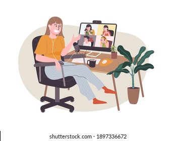 Flat style vector illustration scene of cartoon character working from home. People working online, meeting conference at home, New normal. Social-distance during corona virus quarantine.