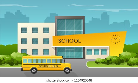 Flat style vector illustration of school building and bus.