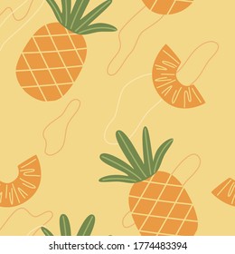 Flat style vector illustration seamless pattern. Pineapple and abstract shapes on yellow background. Summer vibe wallpaper.