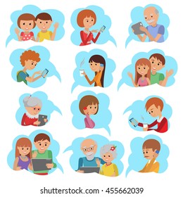 Flat style vector illustration set of people social media communication in cloud service. Men and women with tablet phone laptop.