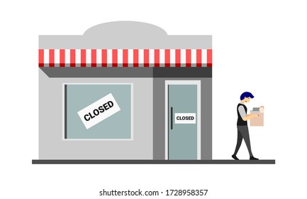 the flat style vector illustration of shop, factory, business and commercial building are shutdown and bankrupt because of pandemic economic recession and financial crisis made people unemployed.