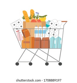 Flat style vector illustration of shopping cart full of products. Concept of food and supplies store up. Panic shopping. Corona virus affection. Anxiety about suffered from disease outbreak.