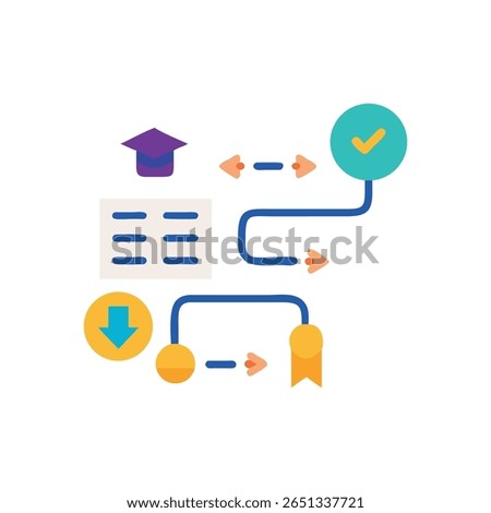 Flat style vector illustration showing an educational path from learning to graduation. A roadmap indicates the journey towards success.