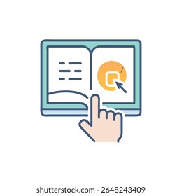 Flat style vector illustration shows interactive digital learning with open book and finger pointing, highlighting the screen interface for selecting.