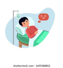 flat style vector illustration, A sick person is in a medical bed on a drip. for website landing page, poster, pamphlet or any design n