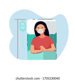 Flat style vector illustration, A sick women is in a medical bed with infusion. for website landing page, poster, pamphlet or any design