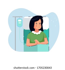 Flat style vector illustration, A sick women is in a medical bed with infusion. for website landing page, poster, pamphlet or any design