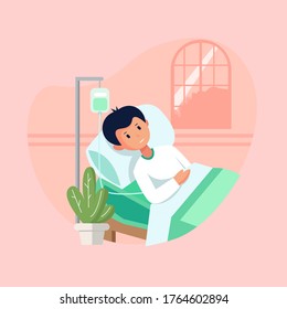 Flat style vector illustration, a sick person is in a medical bed on a drip. Character shivering in the cold. sickness concept. for website landing page, poster, pamphlet or any design