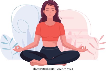 Ilustración vectorial de estilo plano de una mujer joven sonriente que medita en postura de yoga, abrazando la relajación, la paz interior y la atención plena en un diseño minimalista tranquilo