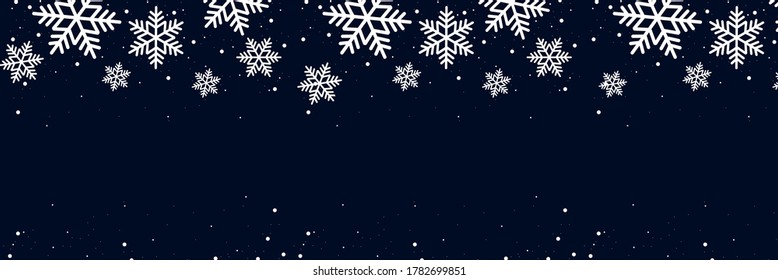 Ilustración vectorial de estilo plano del fondo de copos de nieve para banner festivo de navidad y diseño web. Concepto tradicional de celebración de vacaciones de invierno. Diseño de marco de navidad.