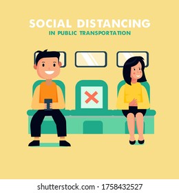 Ilustración vectorial de estilo plano. El distanciamiento social en el transporte público. 
