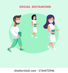 Flat style vector illustration, Social Distancing Prevent Corona Virus Covid 19, Attention, Awareness. Social distancing in campus or school