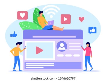 Flat style vector illustration. Social media referral marketing concept. characters of people with various icons.