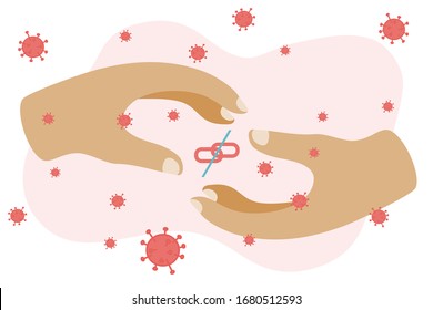 Flat style vector illustration of social-distance cause of corona virus. Concept of Wuhan corona virus Covid-19. Anxiety of virus. Disconnected people. Big two hands not touch each other.