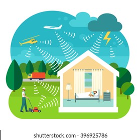 Flat style vector illustration of soundproofing house. 