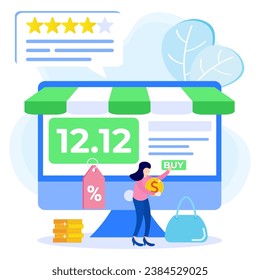 Flat style vector illustration. Special day with discounted prices. The character of a happy person. Last 12.12 months of the year online sales.