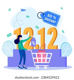 Ilustración vectorial de estilo plano. Día especial con precios reducidos. El carácter de una persona feliz. Los últimos 12.12 meses del año de ventas en línea.