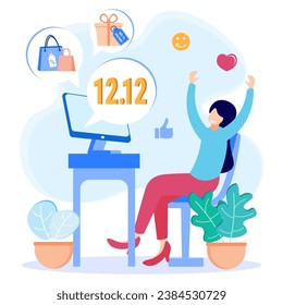 Flat style vector illustration. Special day with discounted prices. The character of a happy person. Last 12.12 months of the year online sales.
