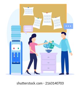 Ilustración vectorial de estilo plano. La conversación y el diálogo como conceptos de comunicación. Comparte información social, idioma, texto, discurso o discusión. Juntos, la pareja intercambió noticias.
