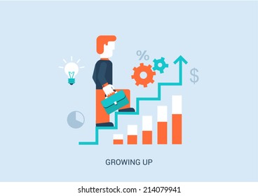 Flat style vector illustration stairway to success in career concept. Businessman with briefcase walking up steps with ideas, graphs, infographic. Big flat conceptual collection.