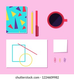Flat style vector illustration with stationery. Notebook, pen, pencil and paper clips on desk 