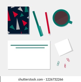 Flat style vector illustration with stationery. Top view notebook, pen, pencil and cup of coffee on desk 