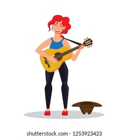 Flat style vector illustration of a street musician with guitar. Busker girl singing character