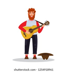 Flat style vector illustration of a street musician with guitar. Busker man singing character