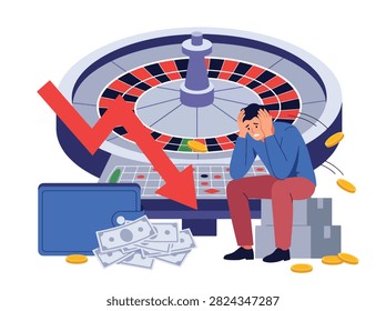 Flat style vector illustration of a stressed man sitting beside roulette, unpaid bills and an empty wallet. Perfect for gambling addiction, financial loss, debt awareness and bad habits
