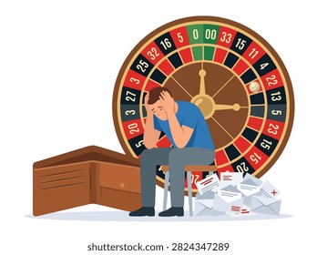 Flat style vector illustration of a stressed man sitting beside roulette, unpaid bills and an empty wallet. Perfect for gambling addiction, financial loss, debt awareness and bad habits