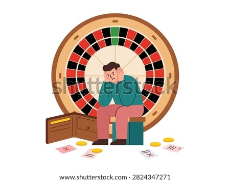 Flat style vector illustration of a stressed man sitting beside roulette, unpaid bills and an empty wallet. Perfect for gambling addiction, financial loss, debt awareness and bad habits