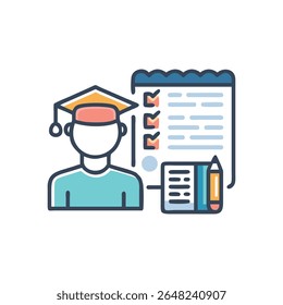 A flat style vector illustration of student with completed checklist. Includes notebook and pencil. Isolated on White Background.
