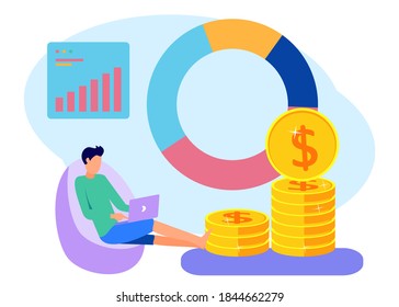 Flat style vector illustration. Successful young businessman with fast income. The concept of growth and business achievement.
