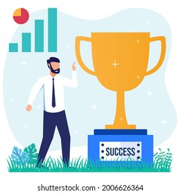 Flat style vector illustration of a successful businessman standing next to a big trophy. success in running, profits doubled.