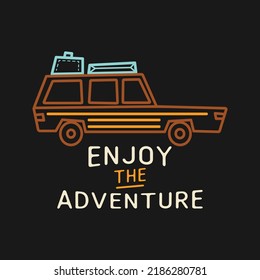 Flat style vector illustration of SUV car with suitcases on roof and Enjoy The Adventure inscription against black background